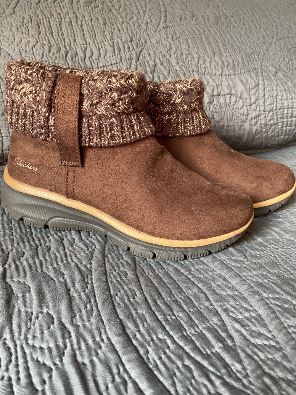 Skechers Women's Chestnut Suede Knit-Cuff Ankle Boots